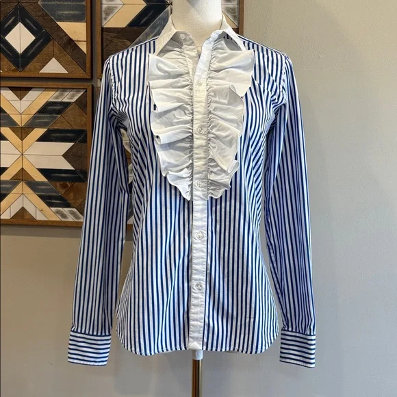 Ralph Lauren Vintage Blue and White Striped Button Up Ruffle Blouse size 4 - Picture 2 of 12